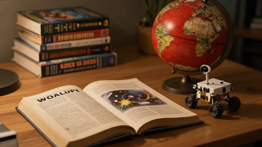 Libros de Andy Weir en español sobre un escritorio, junto a un globo rojo y un pequeño rover