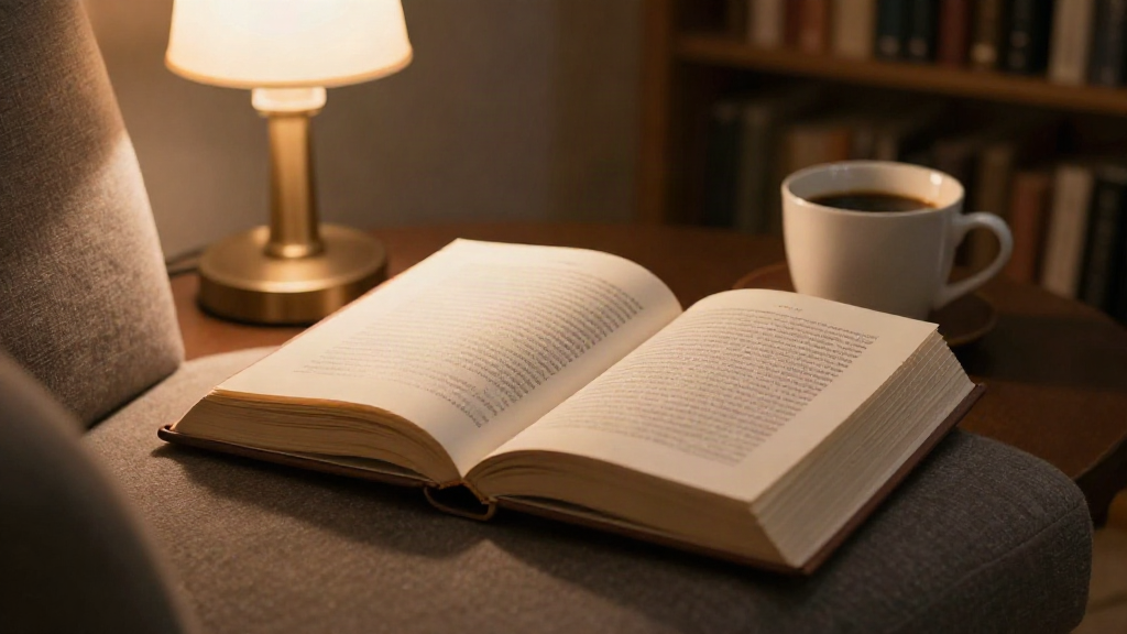 Libro abierto en un sillón de lectura junto a una taza, con luz de lámpara